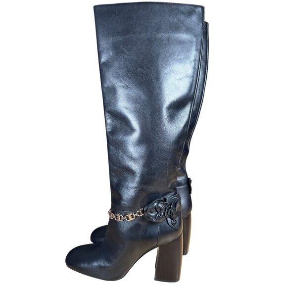 Tory Burch Black Leather Knee-High Boots W/ Chain & Flower Detail 8.5M - Picture 6 of 11